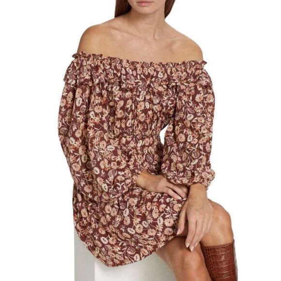 THE WESTSIDE Layla Off Shoulder Mini Dress in Brown Multi NWT Size Medium - Picture 5 of 11